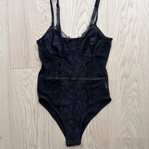 Black Lace XS Bodysuit Wire-Free Faux Underwire Mesh Teddy Sheer